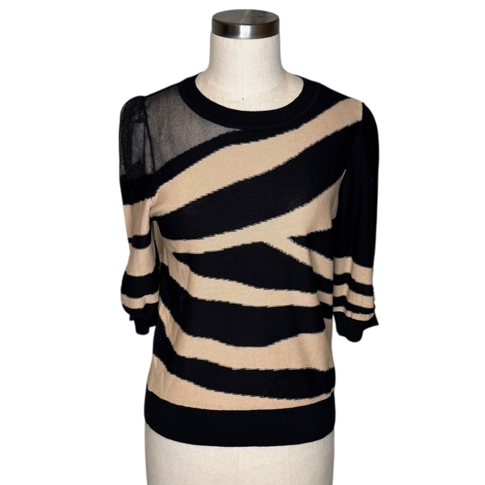 DKNY Zebra Print Mesh Sleeve‎ Knit Sweater Top Black Tan Women's Medium NWT